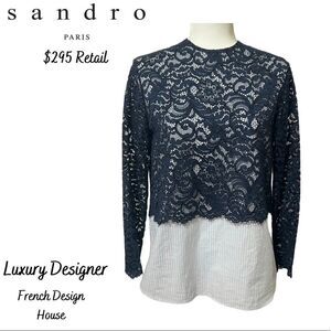 SANDRO PARIS Medium Lace Pinstriped Combo Blouse Long Sleeve Blouse